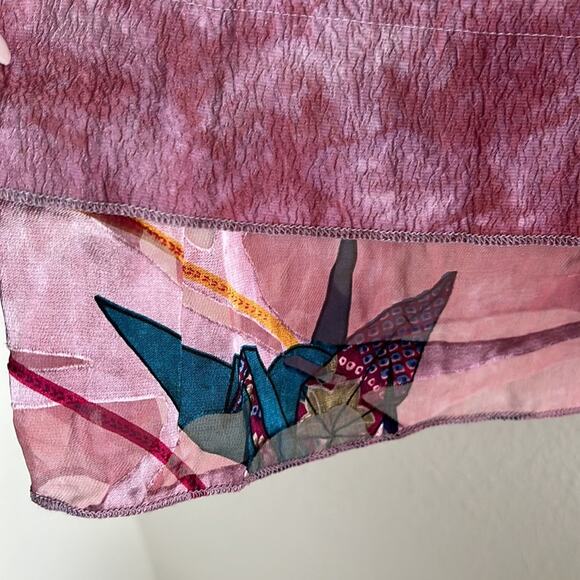 Citron 100% Silk Art to Wear Paper Crane Pink Top Blouse Modest Mature Small - Picture 6 of 7